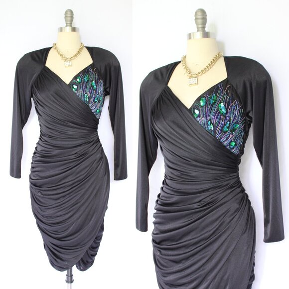 Abby Kent Dresses & Skirts - Vintage Abby Kent peacock beaded ruched draped wiggle satin black DISCO dress